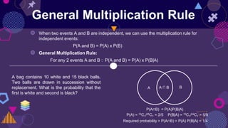 General Multiplication Rule
A bag contains 10 white and 15 black balls.
Two balls are drawn in succession without
replacement. What is the probability that the
first is white and second is black?
A ∩ B
A B
◍ When two events A and B are independent, we can use the multiplication rule for
independent events:
P(A and B) = P(A) x P(B)
◍ General Multiplication Rule:
For any 2 events A and B : P(A and B) = P(A) x P(B|A)
P(A) = 10C1/25C1 = 2/5 P(B|A) = 15C1/24C1 = 5/8
Required probability = P(A∩B) = P(A) P(B|A) = 1/4
P(A∩B) = P(A)P(B|A)
 
