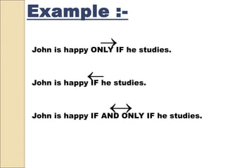 John is happy ONLY IF he studies.
John is happy IF he studies.
John is happy IF AND ONLY IF he studies.



Example :-
 