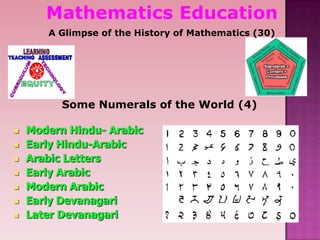 Mathematics Education
A Glimpse of the History of Mathematics (30)
Some Numerals of the World (4)
 Modern Hindu- Arabic
 Early Hindu-Arabic
 Arabic Letters
 Early Arabic
 Modern Arabic
 Early Devanagari
 Later Devanagari
 