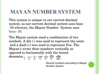 MAYAN NUMBER SYSTEM This system is unique to our current decimal system, as our current decimal system uses base -10 whereas, the Mayan Number  System uses  base- 20. The Mayan system used a combination of two symbols. A dot (.) was used to represent the units  and a dash (-) was used to represent five. The Mayan's wrote their numbers vertically as opposed to horizontally with the lowest denomination on the bottom.  Several numbers according to Mayan Number System 