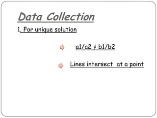 Data Collection
1. For unique solution
a1/a2 = b1/b2
Lines intersect at a point
 
