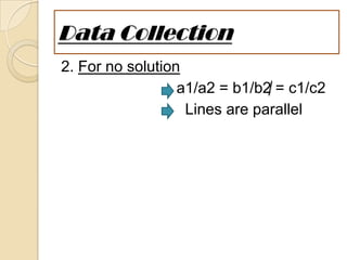 Data Collection
2. For no solution
a1/a2 = b1/b2 = c1/c2
Lines are parallel
 