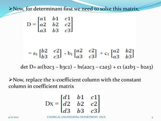 Now, for determinant first we need to solve this matrix,
det D= a1(b2c3 – b3c2) – b1(a2c3 – c2a3) + c1 (a2b3 – b2a3)
Now, replace the x-coefficient column with the constant
column in coefficient matrix
4/21/2017 5CHEMICAL ENGINEERING DEPARTMENT, DSCE
 