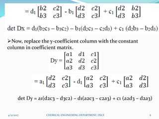 Now, replace the y-coefficient column with the constant
column in coefficient matrix.
det Dy = a1(d2c3 – d3c2) – d1(a2c3 – c2a3) + c1 (a2d3 – d2a3)
4/21/2017 6CHEMICAL ENGINEERING DEPARTMENT, DSCE
 