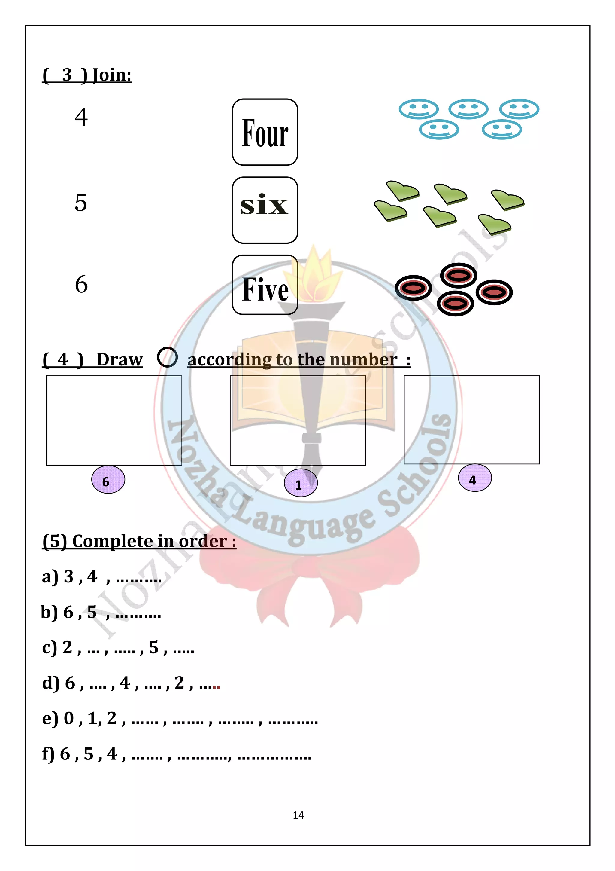 6 1 4 
14 
( 3 ) Join: 
4 
5 
6 
( 4 ) Draw according to the number : 
(5) Complete in order : 
a) 3 , 4 , ………. 
b) 6 , 5 , ………. 
c) 2 , … , ….. , 5 , ….. 
d) 6 , …. , 4 , …. , 2 , ….. 
e) 0 , 1, 2 , …… , ……. , …….. , ……….. 
f) 6 , 5 , 4 , ……. , ……….., ……………. 
 