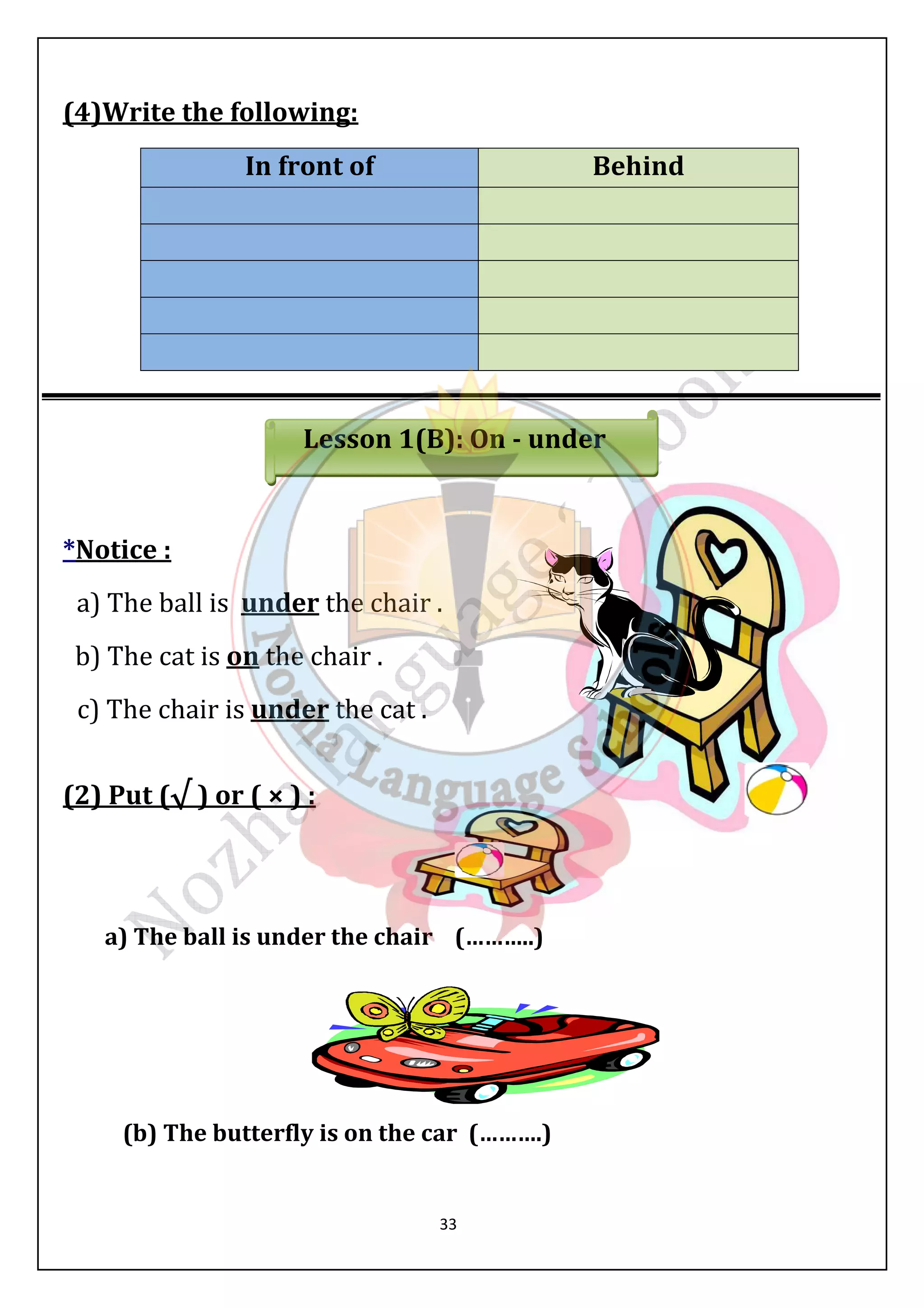 33 
(4)Write the following: 
In front of Behind 
Lesson 1(B): On - under 
*Notice : 
a) The ball is under the chair . 
b) The cat is on the chair . 
c) The chair is under the cat . 
(2) Put (√ ) or ( × ) : 
a) The ball is under the chair (………..) 
(b) The butterfly is on the car (……….) 
 