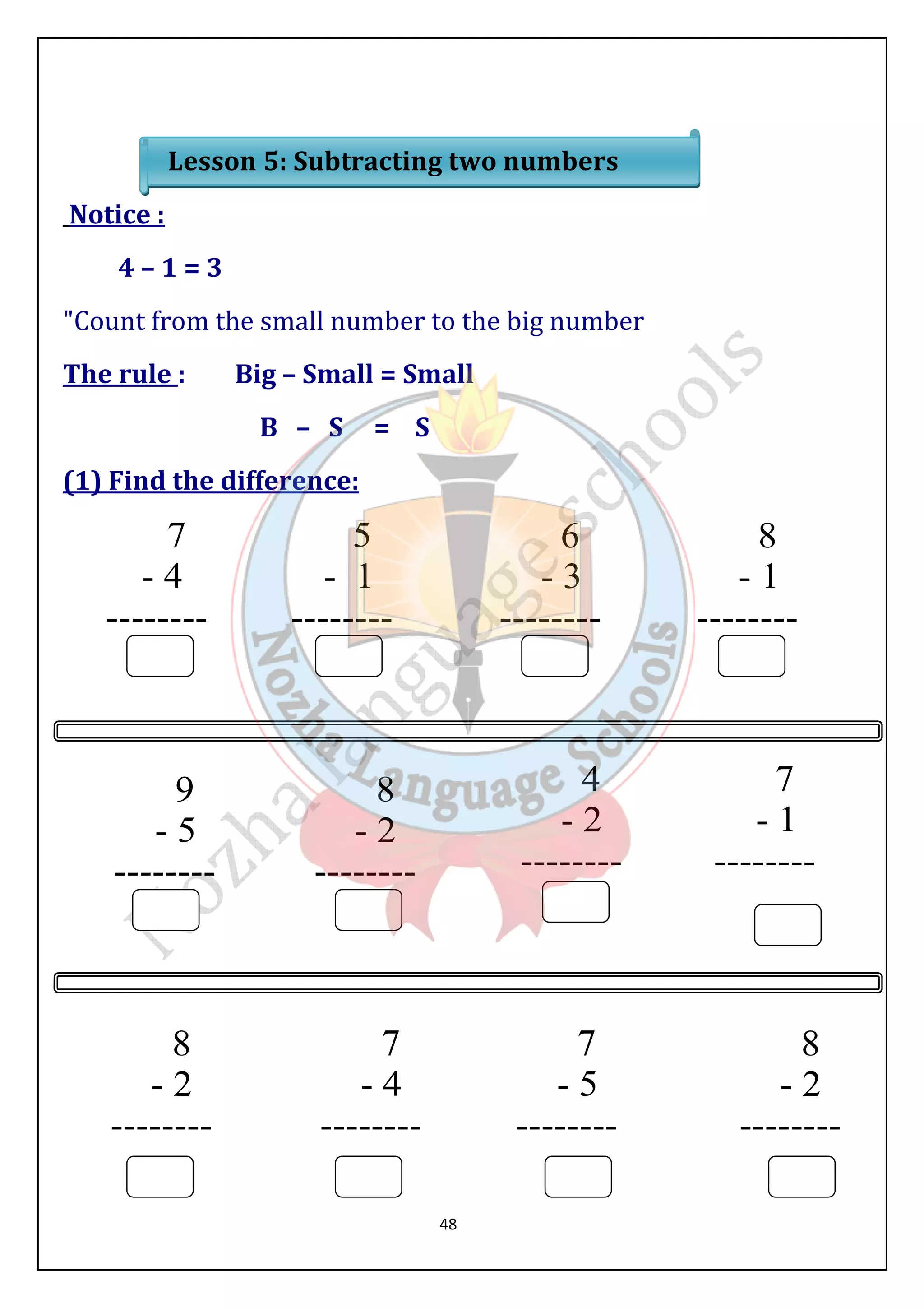 Lesson 5: Subtracting two numbers 
48 
Notice : 
4 – 1 = 3 
Count from the small number to the big number 
The rule : Big – Small = Small 
B – S = S 
(1) Find the difference: 
 