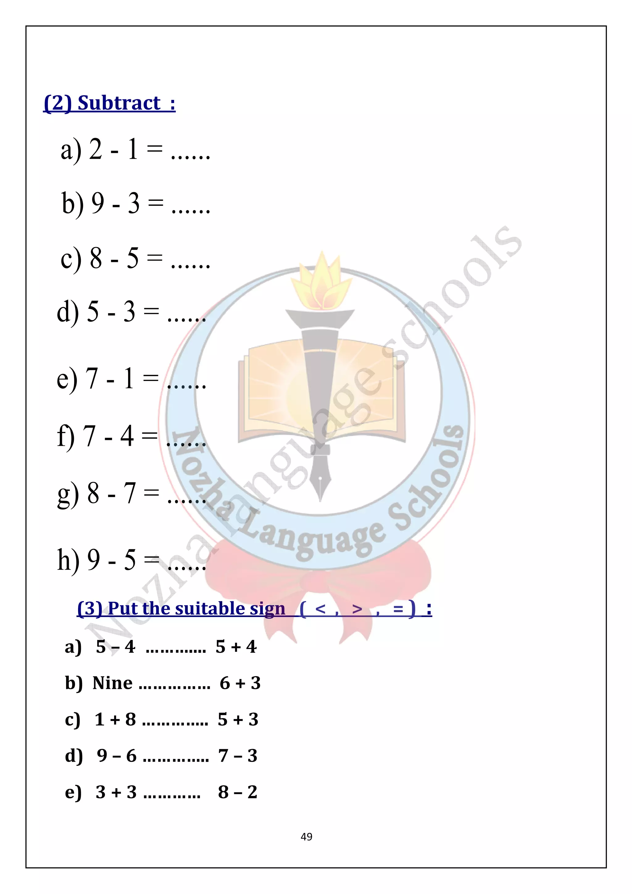 49 
(2) Subtract : 
(3) Put the suitable sign (  ,  , = ) : 
a) 5 – 4 ……….... 5 + 4 
b) Nine …………… 6 + 3 
c) 1 + 8 ………….. 5 + 3 
d) 9 – 6 ………….. 7 – 3 
e) 3 + 3 ………… 8 – 2 
 