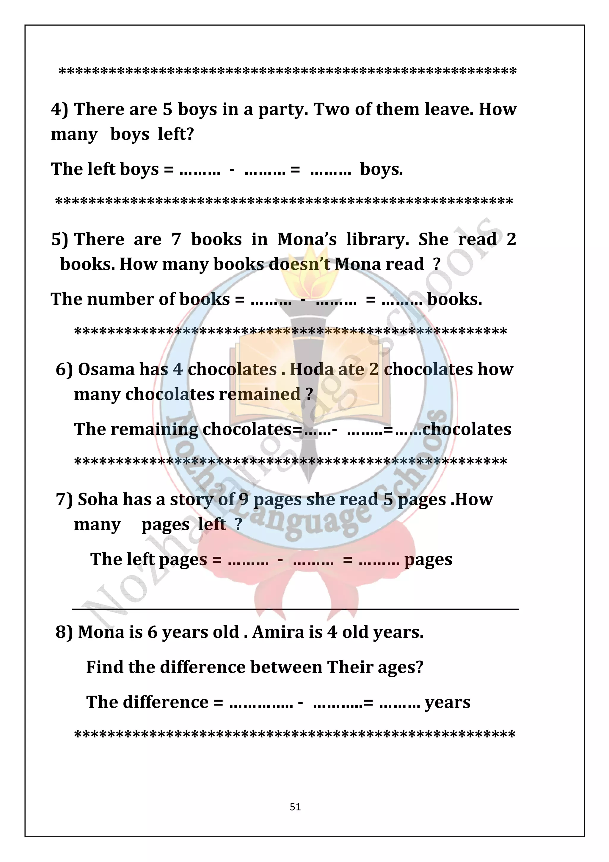 ******************************************************* 
4) There are 5 boys in a party. Two of them leave. How 
many boys left? 
The left boys = ……… - ……… = ……… boys. 
******************************************************* 
5) There are 7 books in Mona’s library. She read 2 
books. How many books doesn’t Mona read ? 
The number of books = ……… - ……… = ……… books. 
**************************************************** 
6) Osama has 4 chocolates . Hoda ate 2 chocolates how 
many chocolates remained ? 
The remaining chocolates=……- ……..=……chocolates 
**************************************************** 
7) Soha has a story of 9 pages she read 5 pages .How 
many pages left ? 
The left pages = ……… - ……… = ……… pages 
8) Mona is 6 years old . Amira is 4 old years. 
Find the difference between Their ages? 
The difference = ………….. - ………..= ……… years 
***************************************************** 
51 
 