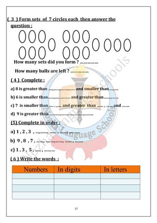 ( 3 ) Form sets of 7 circles each then answer the 
question : 
How many sets did you form ? …………… 
How many balls are left ? …………… 
( 4 ) Complete : 
a) 8 is greater than ….,……,……,…… and smaller than….,…. 
b) 6 is smaller than……,…. ,…….. and greater than…….,…… 
c) 7 is smaller than …. . ,…. and greater than …… , …… and ……. 
d) 9 is greater than …….…,……..…,………,…….. 
(5) Complete in order : 
a) 1 , 2 , 3 , …,……, …... , ……. ,…….. 
b) 9 , 8 , 7 , ……, ….…,……, …... , ……. 
c) 1 , 3 , 5 , ….. , ……… 
( 6 ) Write the words : 
17 
 