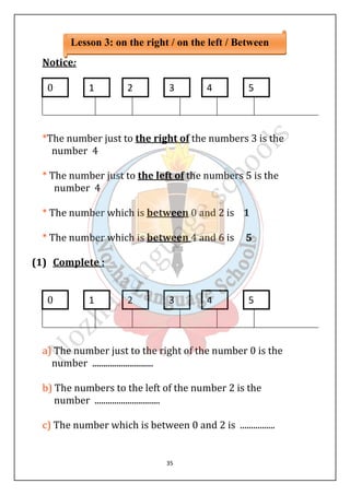 Lesson 3: on the right / on the left / Between 
0 1 2 3 4 5 
0 1 2 3 4 5 
35 
Notice: 
*The number just to the right of the numbers 3 is the 
number 4 
* The number just to the left of the numbers 5 is the 
number 4 
* The number which is between 0 and 2 is 1 
* The number which is between 4 and 6 is 5 
(1) Complete : 
a) The number just to the right of the number 0 is the 
number ............................ 
b) The numbers to the left of the number 2 is the 
number .............................. 
c) The number which is between 0 and 2 is ................ 
 