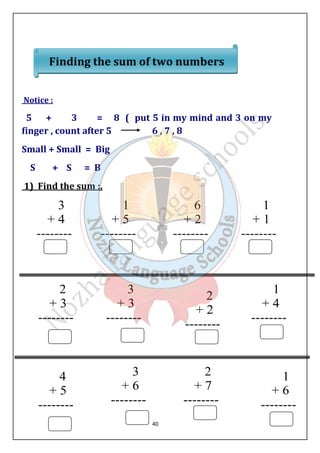 Finding the sum of two numbers 
Notice : 
5 + 3 = 8 ( put 5 in my mind and 3 on my 
inger , count after 5 6 , 7 , 8 
Small + Small = Big 
S + S = B 
1) Find the sum :. 
40 
 