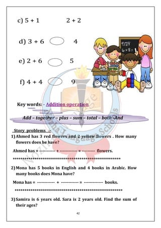 Key words: - Addition operation 
Add – together – plus – sum – total – both -And 
Story problems :- 
1) Ahmed has 3 red lowers and 2 yellow lowers . How many 
flowers does he have? 
Ahmed has = ----------- + ------------ = --------- flowers. 
******************************************************* 
2) Mona has 5 books in English and 4 books in Arabic. How 
many books does Mona have? 
Mona has = ------------ + ------------ = ------------- books. 
******************************************************* 
3) Samira is 6 years old. Sara is 2 years old. Find the sum of 
their ages? 
42 
 