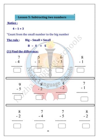 Lesson 5: Subtracting two numbers 
48 
Notice : 
4 – 1 = 3 
Count from the small number to the big number 
The rule : Big – Small = Small 
B – S = S 
(1) Find the difference: 
 