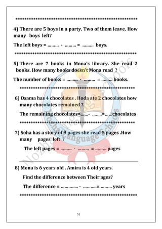 ******************************************************* 
4) There are 5 boys in a party. Two of them leave. How 
many boys left? 
The left boys = ……… - ……… = ……… boys. 
******************************************************* 
5) There are 7 books in Mona’s library. She read 2 
books. How many books doesn’t Mona read ? 
The number of books = ……… - ……… = ……… books. 
**************************************************** 
6) Osama has 4 chocolates . Hoda ate 2 chocolates how 
many chocolates remained ? 
The remaining chocolates=……- ……..=……chocolates 
**************************************************** 
7) Soha has a story of 9 pages she read 5 pages .How 
many pages left ? 
The left pages = ……… - ……… = ……… pages 
8) Mona is 6 years old . Amira is 4 old years. 
Find the difference between Their ages? 
The difference = ………….. - ………..= ……… years 
***************************************************** 
51 
 