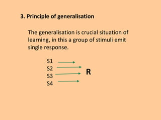 3. Principle of generalisation
The generalisation is crucial situation of
learning, in this a group of stimuli emit
single response.
S1
S2
S3
S4
R
 