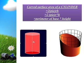 Curved surface area of a CYLINDER
             =2(pie)rh
            =2 (pie)r*h
    =perimeter of base * height
 