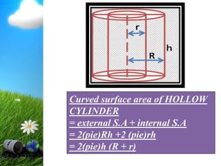 Curved surface area of HOLLOW
CYLINDER
= external S.A + internal S.A
= 2(pie)Rh +2 (pie)rh
= 2(pie)h (R + r)
 