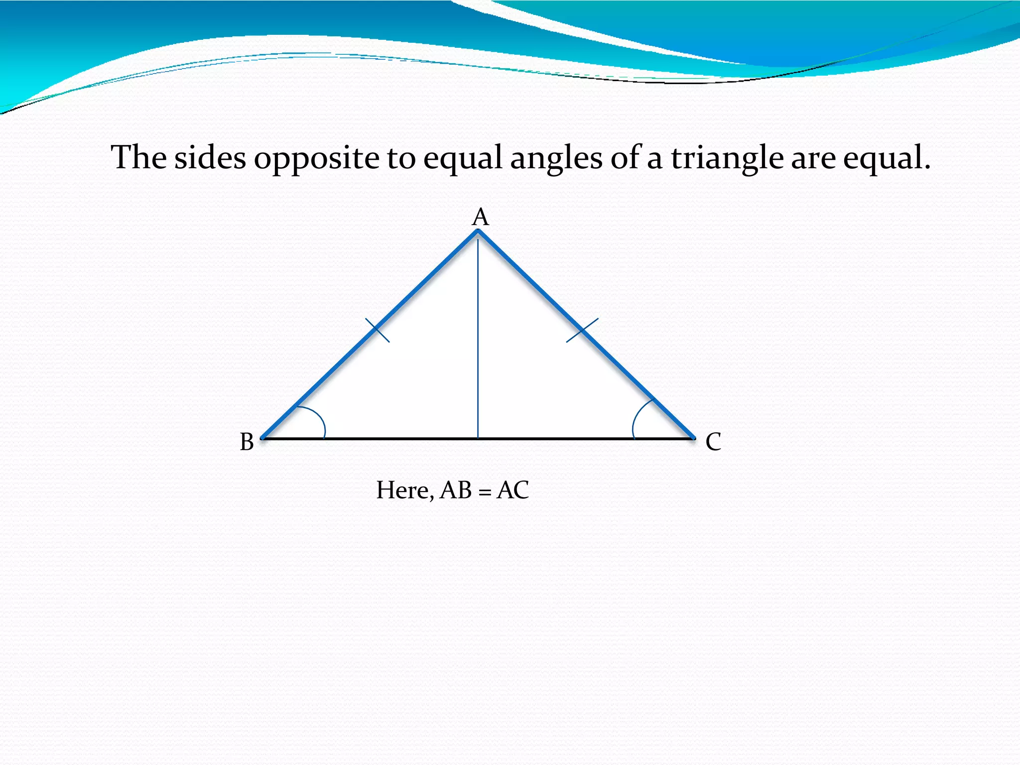 The sides opposite to equal angles of a triangle are equal.
C
B
A
Here, AB = AC
 