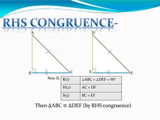 Now If, R(1) ∠ABC = ∠DEF = 90°
H(2) AC = DF
S(3) BC = EF
A
B C
D
E F
Then ∆ABC ≅ ∆DEF (by RHS congruence)
 