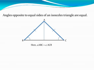 Angles opposite to equal sides of an isosceles triangle are equal.
B C
A
Here, ∠ABC = ∠ ACB
 
