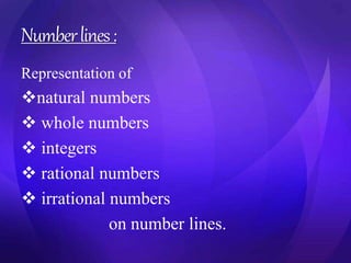 Number lines : 
Representation of 
natural numbers 
 whole numbers 
 integers 
 rational numbers 
 irrational numbers 
on number lines. 
 