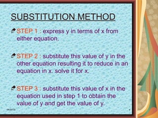 04/20/15 4
SUBSTITUTION METHOD
STEP 1 : express y in terms of x from
either equation.
STEP 2 : substitute this value of ...