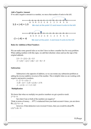 5 | P a g e
Add a Negative Amount
If we add a negative amount to a number, we move that number of units to the left.
Rules for Addition of Real Numbers
We can make some general rules so we don’t have to draw a number line for every problem:
When adding numbers with like signs, we add their absolute values and use the sign of the
original addends.
2.5 + 3 = |2.5| + |3| = 5.5
-1 + (-4) = - (|-1| + |-4|) = - (1 + 4) = -5
Subtraction
Subtraction is the opposite of addition, so we can restate any subtraction problem as
adding the inverse (additive inverse) of the number. This is helpful when we are working with
negative and positive numbers.
5 – 2 = 5 + (-2) = 3
-1.25 – 2.5 = -1.25 + (-2.5) = -3.75
-1 – (-1.3) = -1 + 1.3 = 0.3
Multiplication
We know that when we multiply two positive numbers we get a positive result.
2 * 4 = 8
but what if one or both of the numbers are negative?
Think in terms of money…. If ` 2 is deducted from your bank account 4 times, you are down
`8. (-2) * 4 = -8
however, if that deduction were reversed 4 times, then you would be ahead `8.
(-2) * (-4) = 8
 