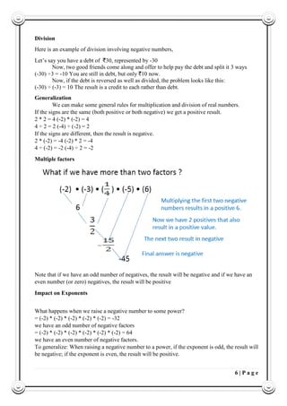 6 | P a g e
Division
Here is an example of division involving negative numbers,
Let’s say you have a debt of `30, represented by -30
Now, two good friends come along and offer to help pay the debt and split it 3 ways
(-30) ÷3 = -10 You are still in debt, but only `10 now.
Now, if the debt is reversed as well as divided, the problem looks like this:
(-30) ÷ (-3) = 10 The result is a credit to each rather than debt.
Generalization
We can make some general rules for multiplication and division of real numbers.
If the signs are the same (both positive or both negative) we get a positive result.
2 * 2 = 4 (-2) * (-2) = 4
4 ÷ 2 = 2 (-4) ÷ (-2) = 2
If the signs are different, then the result is negative.
2 * (-2) = -4 (-2) * 2 = -4
4 ÷ (-2) = -2 (-4) ÷ 2 = -2
Multiple factors
Note that if we have an odd number of negatives, the result will be negative and if we have an
even number (or zero) negatives, the result will be positive
Impact on Exponents
What happens when we raise a negative number to some power?
= (-2) * (-2) * (-2) * (-2) * (-2) = -32
we have an odd number of negative factors
= (-2) * (-2) * (-2) * (-2) * (-2) * (-2) = 64
we have an even number of negative factors.
To generalize: When raising a negative number to a power, if the exponent is odd, the result will
be negative; if the exponent is even, the result will be positive.
 