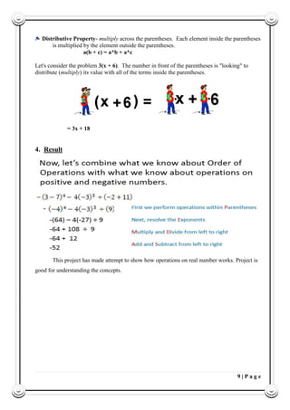 9 | P a g e
Distributive Property- multiply across the parentheses. Each element inside the parentheses
is multiplied by the element outside the parentheses.
a(b + c) = a*b + a*c
Let's consider the problem 3(x + 6). The number in front of the parentheses is "looking" to
distribute (multiply) its value with all of the terms inside the parentheses.
= 3x + 18
4. Result
This project has made attempt to show how operations on real number works. Project is
good for understanding the concepts.
 