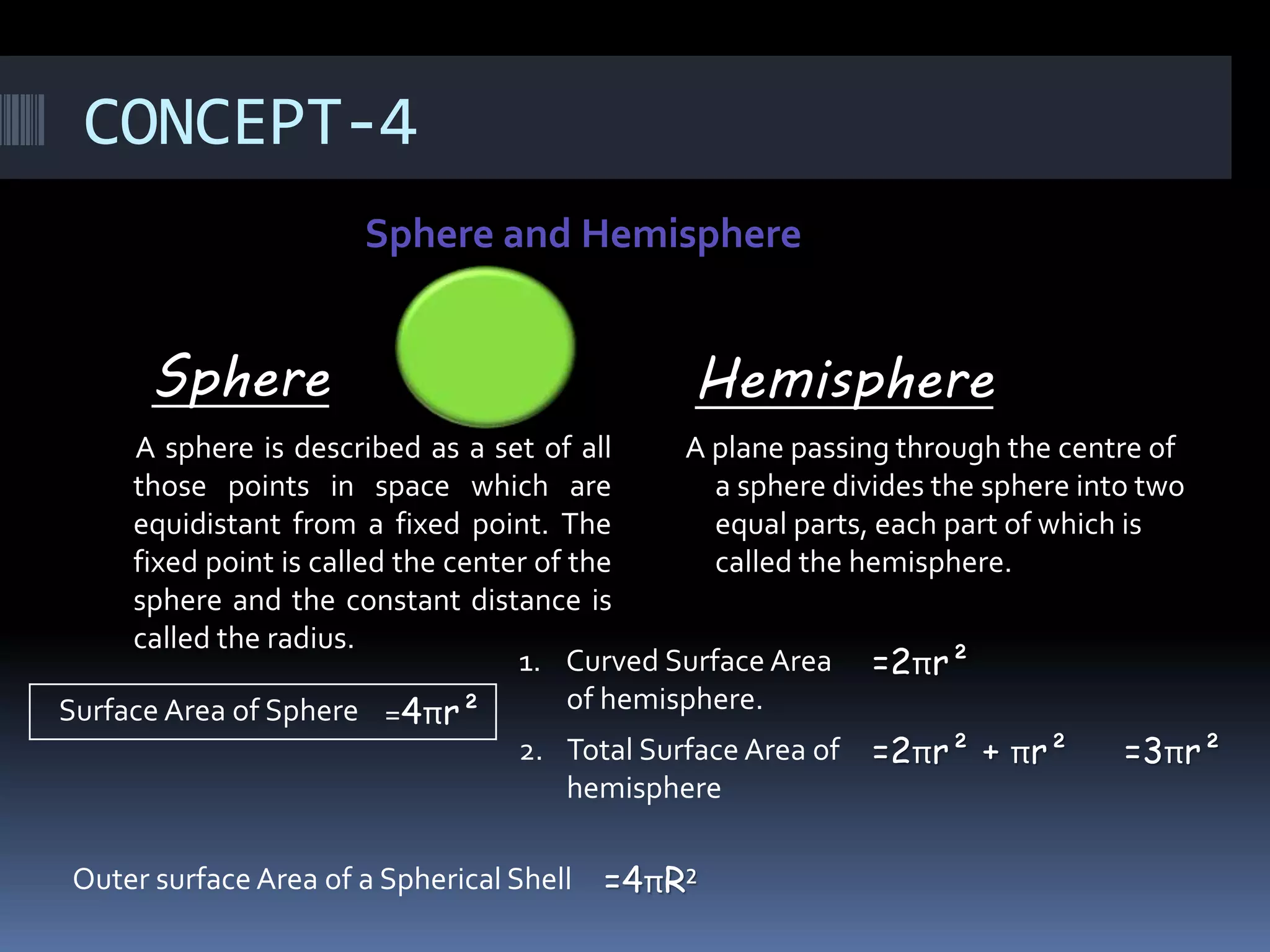 CONCEPT-4
Sphere and Hemisphere
Sphere
A sphere is described as a set of all
those points in space which are
equidistant from a fixed point. The
fixed point is called the center of the
sphere and the constant distance is
called the radius.
Hemisphere
A plane passing through the centre of
a sphere divides the sphere into two
equal parts, each part of which is
called the hemisphere.
Surface Area of Sphere =4πr²
1. Curved Surface Area
of hemisphere.
=2πr²
2. Total Surface Area of
hemisphere
=2πr² + πr² =3πr²
Outer surface Area of a Spherical Shell =4πR²
 