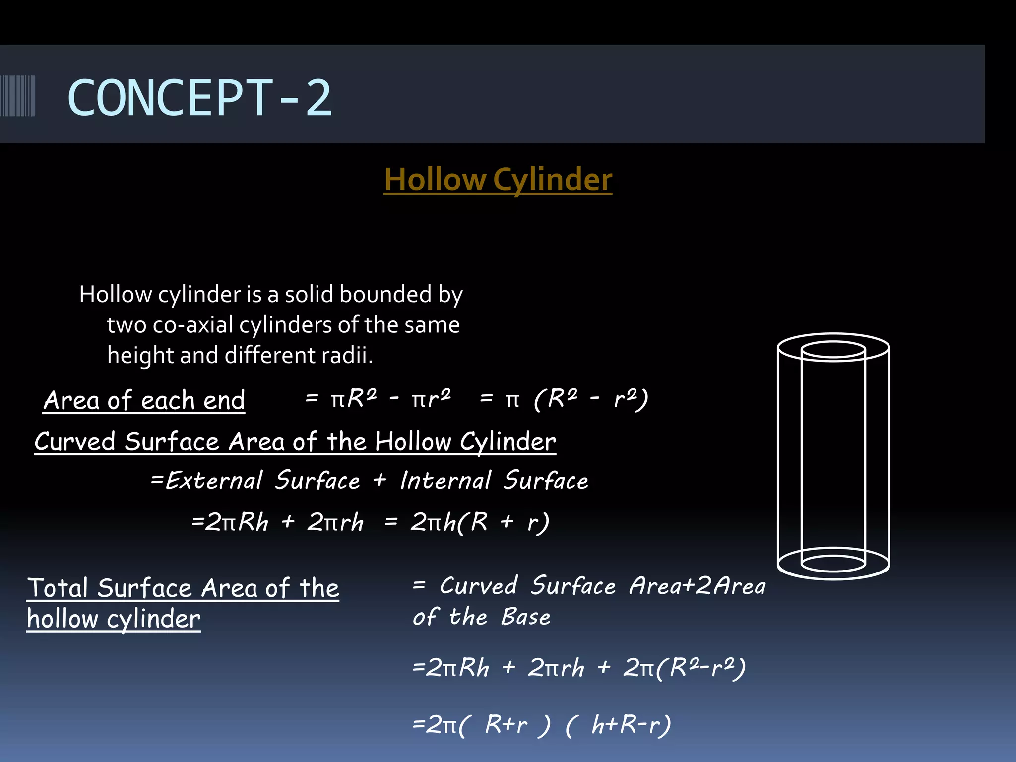 CONCEPT-2
Hollow Cylinder
Hollow cylinder is a solid bounded by
two co-axial cylinders of the same
height and different radii.
Area of each end = πR² - πr² = π (R² - r²)
Curved Surface Area of the Hollow Cylinder
=External Surface + Internal Surface
=2πRh + 2πrh = 2πh(R + r)
Total Surface Area of the
hollow cylinder
= Curved Surface Area+2Area
of the Base
=2πRh + 2πrh + 2π(R²-r²)
=2π( R+r ) ( h+R-r)
 