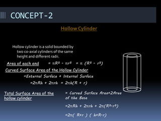 CONCEPT-2
Hollow Cylinder
Hollow cylinder is a solid bounded by
two co-axial cylinders of the same
height and different radii.
Area of each end = πR² - πr² = π (R² - r²)
Curved Surface Area of the Hollow Cylinder
=External Surface + Internal Surface
=2πRh + 2πrh = 2πh(R + r)
Total Surface Area of the
hollow cylinder
= Curved Surface Area+2Area
of the Base
=2πRh + 2πrh + 2π(R²-r²)
=2π( R+r ) ( h+R-r)
 