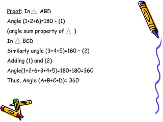 Proof: In    ABD
Angle (1+2+6)=180 - (1)
(angle sum property of    )
In    BCD
Similarly angle (3+4+5)=180 – (2)
Adding (1) and (2)
Angle(1+2+6+3+4+5)=180+180=360
Thus, Angle (A+B+C+D)= 360
 