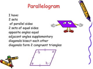 Parallelogram
I have:
2 sets
 of parallel sides
2 sets of equal sides
opposite angles equal
adjacent angles supplementary
diagonals bisect each other
diagonals form 2 congruent triangles
 