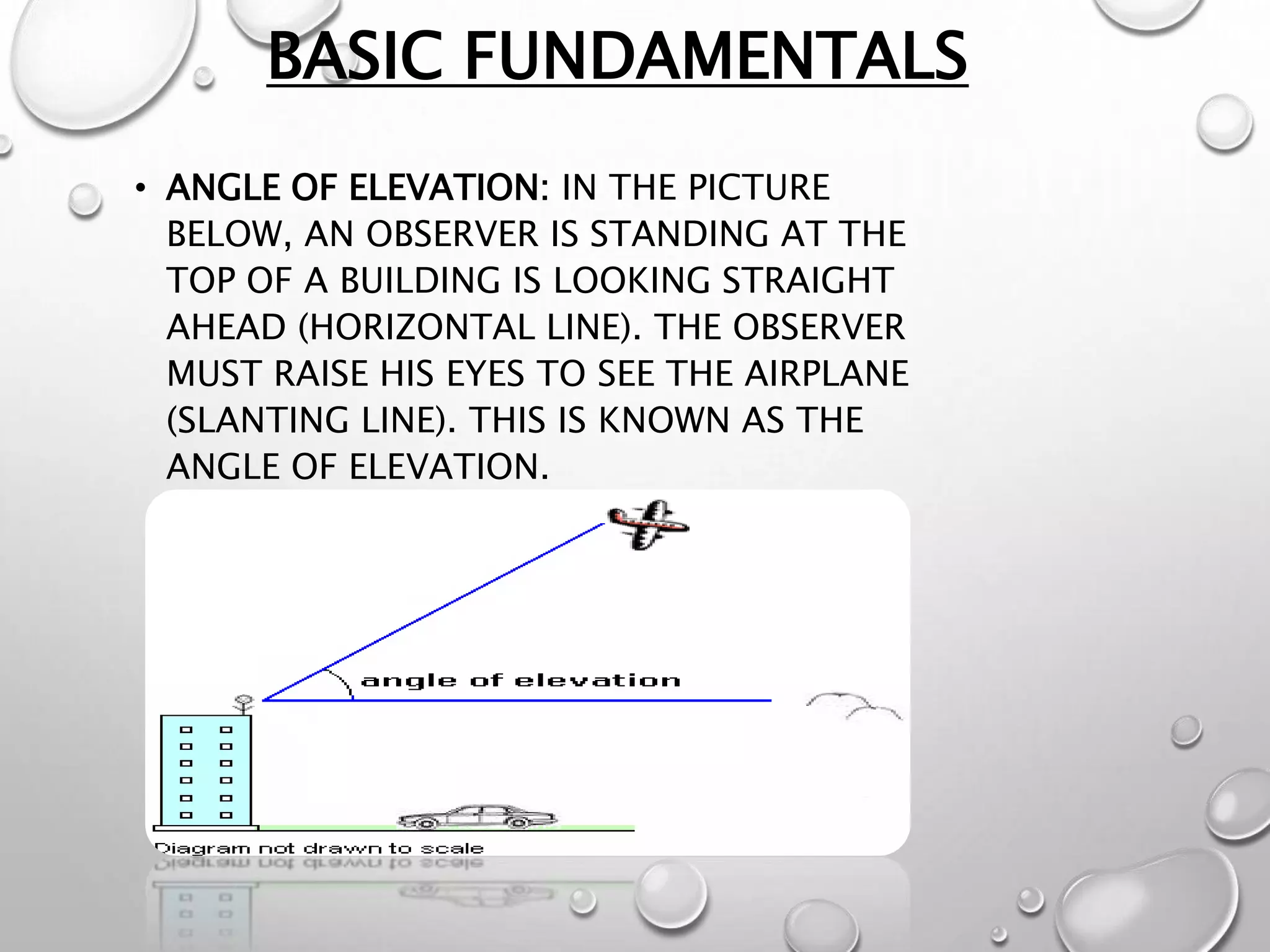 BASIC FUNDAMENTALS
• ANGLE OF ELEVATION: IN THE PICTURE
BELOW, AN OBSERVER IS STANDING AT THE
TOP OF A BUILDING IS LOOKING STRAIGHT
AHEAD (HORIZONTAL LINE). THE OBSERVER
MUST RAISE HIS EYES TO SEE THE AIRPLANE
(SLANTING LINE). THIS IS KNOWN AS THE
ANGLE OF ELEVATION.
 