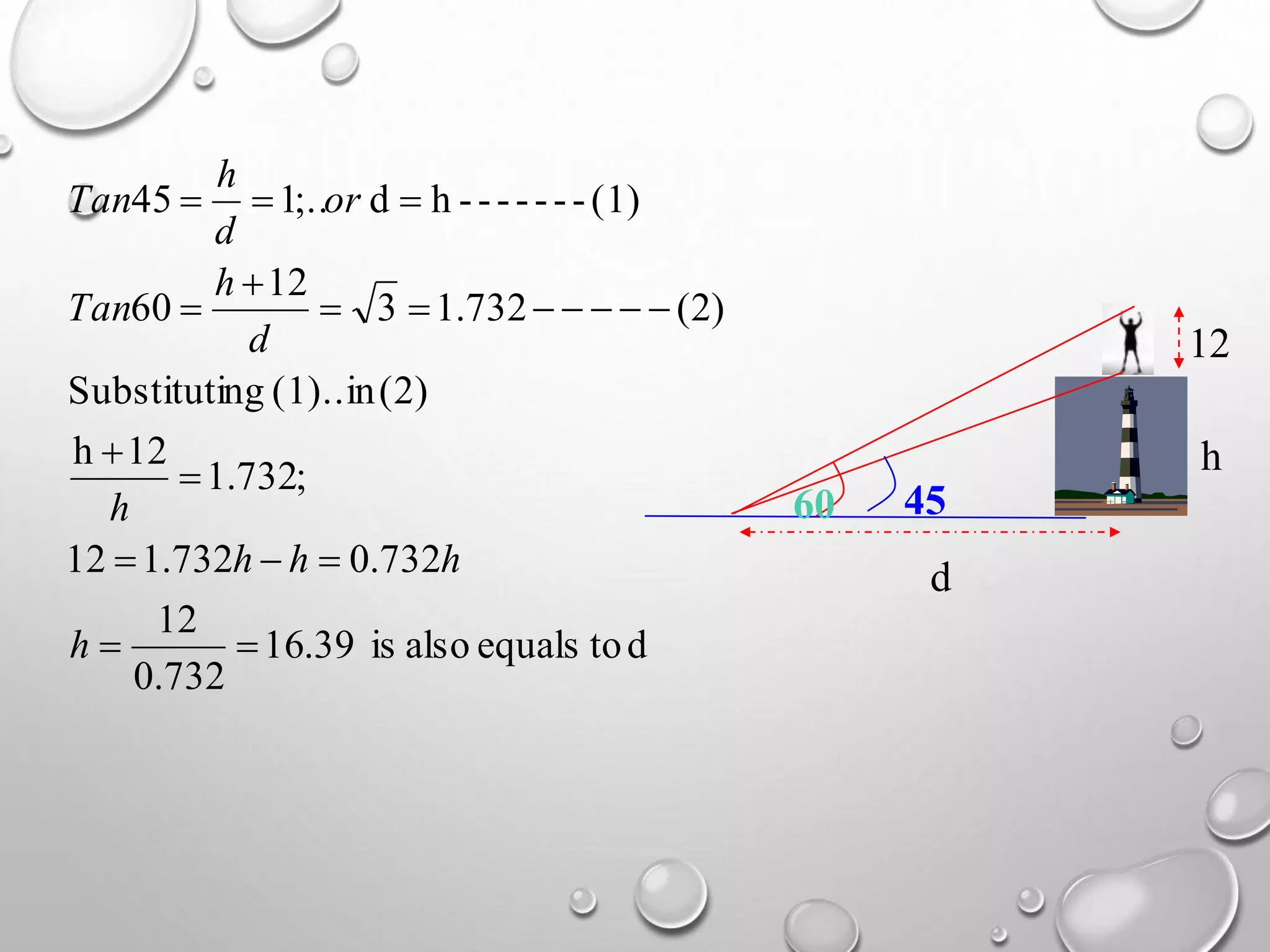 4560
12
h
d
dtoequalsalsois39.16
732.0
12
732.0732.112
;732.1
12h
(2)(1)..inngSubstituti
)2(732.13
12
60
(1)-------hd;..145








h
hhh
h
d
h
Tan
or
d
h
Tan
 