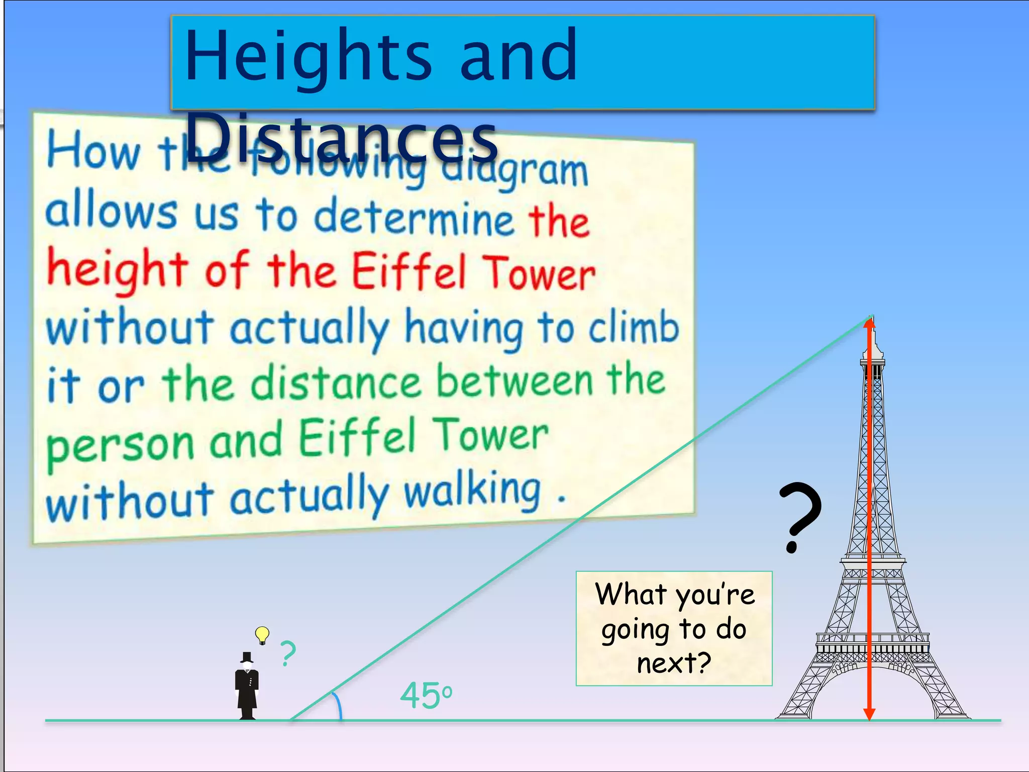 ?
45o
?
What you’re
going to do
next?
Heights and
Distances
 