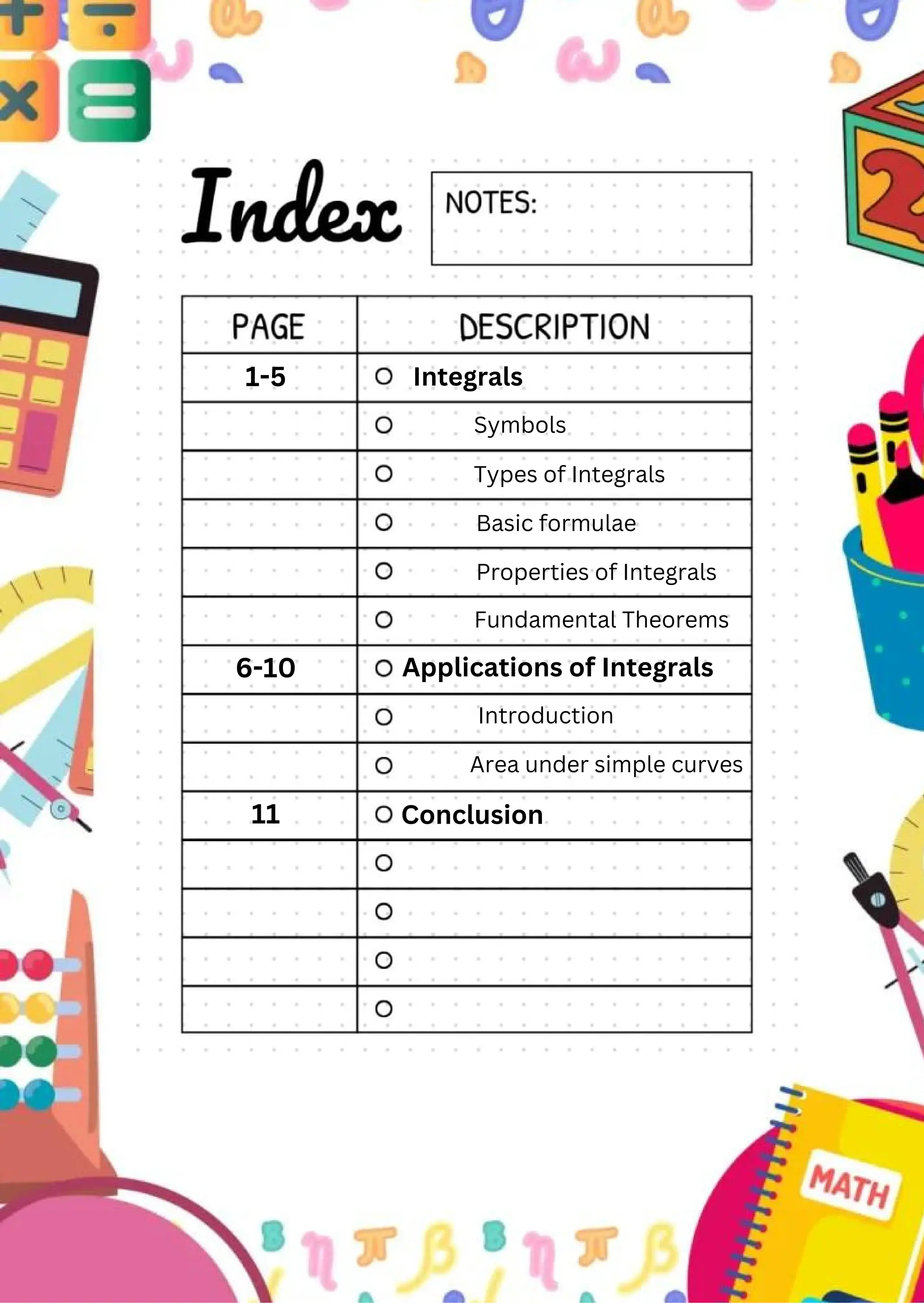 1-5 Integrals
Symbols
Types of Integrals
Basic formulae
Properties of Integrals
Fundamental Theorems
6-10 Applications of Integrals
Introduction
Area under simple curves
11 Conclusion
 