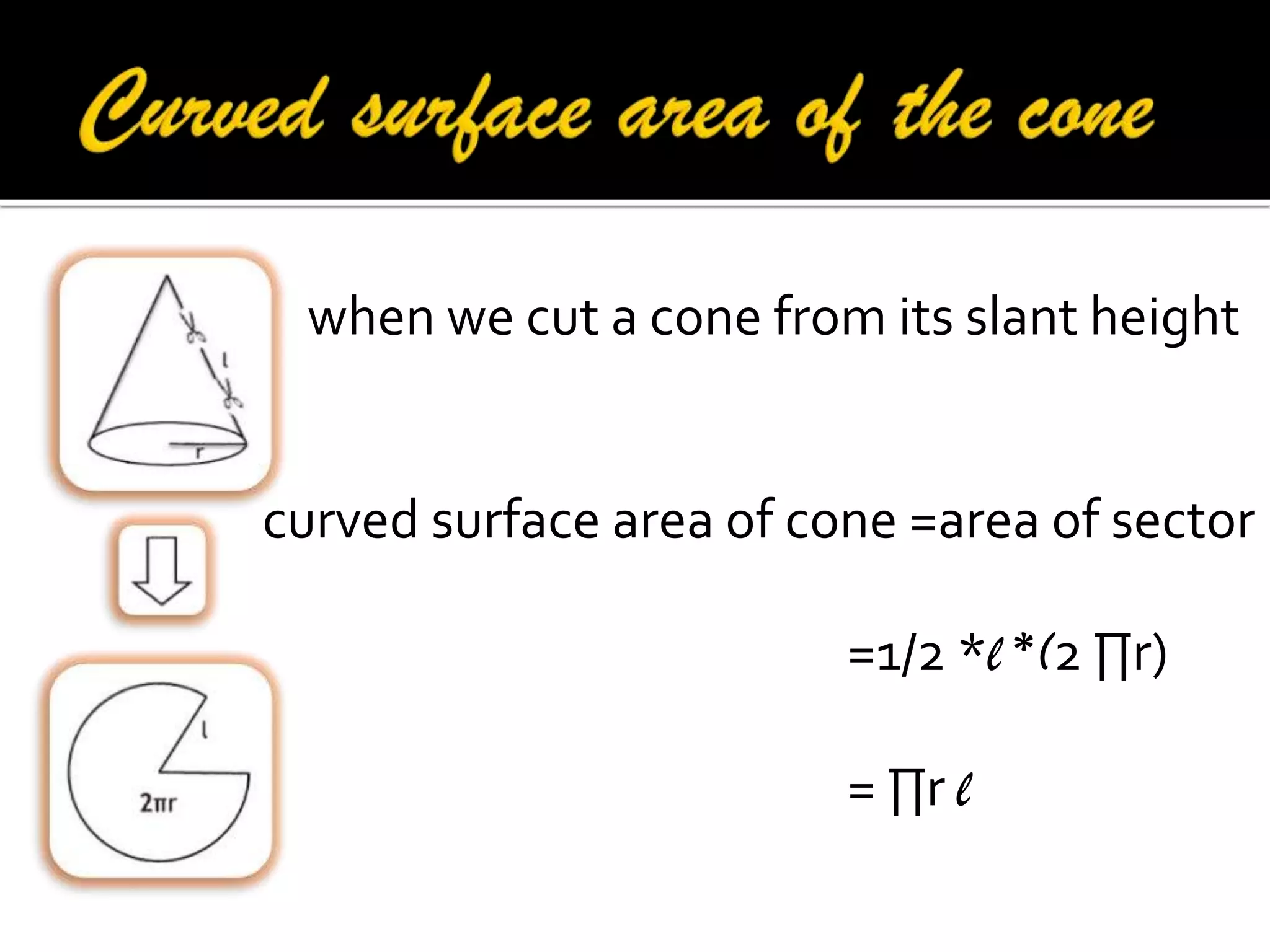 when we cut a cone from its slant height

curved surface area of cone =area of sector
=1/2 *l *(2 ∏r)
= ∏r l

 