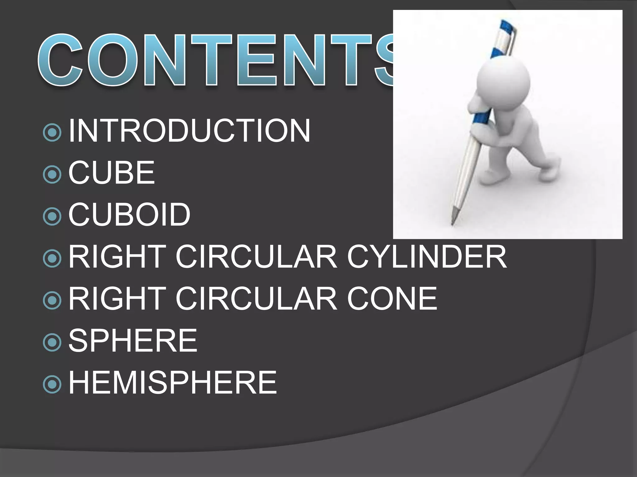  INTRODUCTION
 CUBE
 CUBOID
 RIGHT CIRCULAR CYLINDER
 RIGHT CIRCULAR CONE
 SPHERE
 HEMISPHERE
 