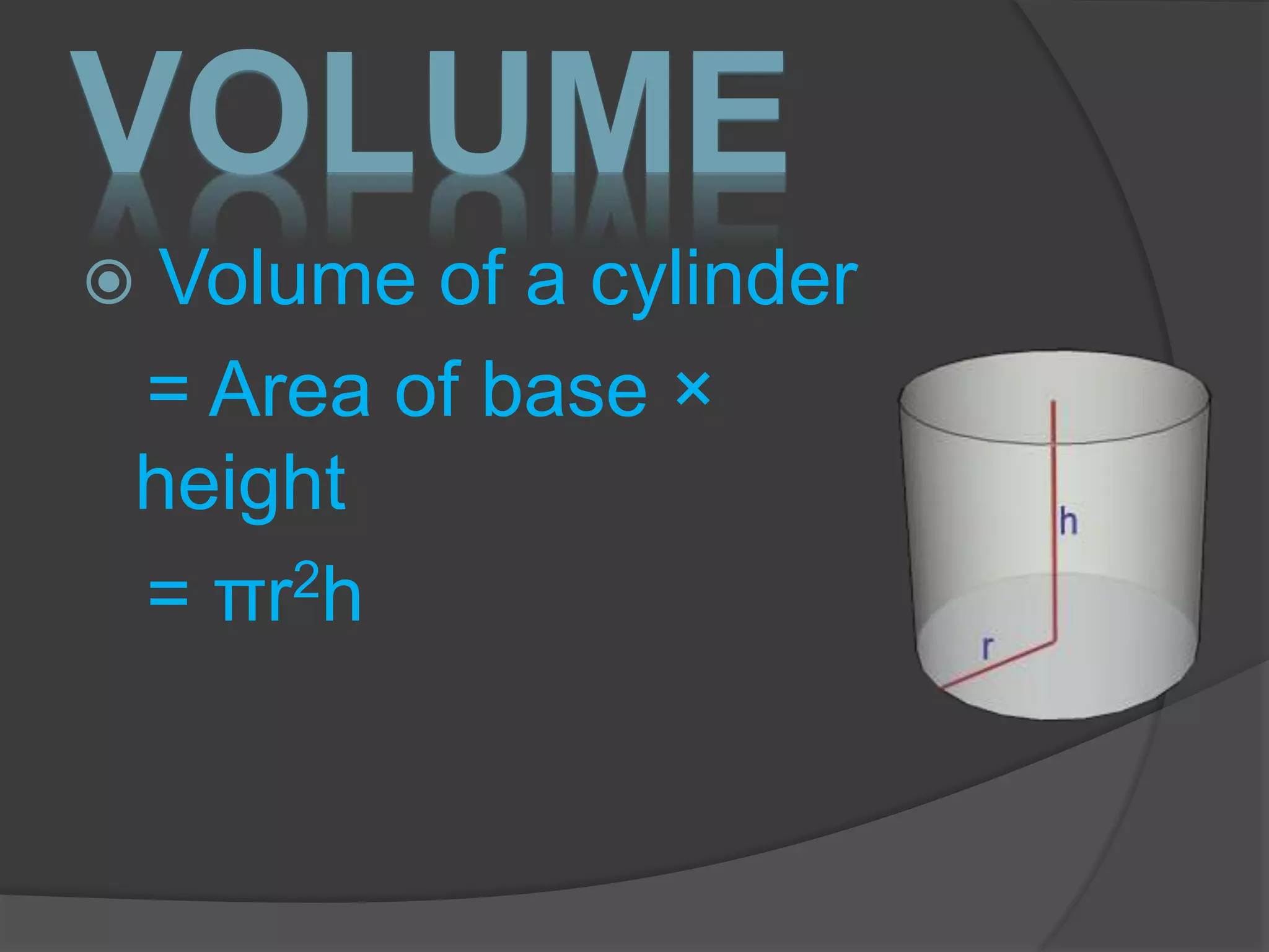 VOLUME
 Volume of a cylinder
= Area of base ×
height
= πr2h
 