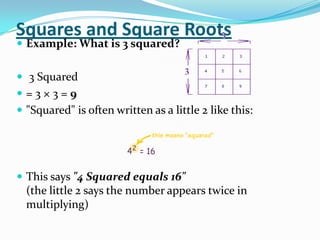 Squares and Square Roots
 Example: What is 3 squared?


 3 Squared
=3×3=9
 "Squared" is often written as a little 2 like this:




 This says "4 Squared equals 16"
  (the little 2 says the number appears twice in
  multiplying)
 