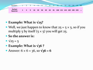 Numbers    1   2   3   4    5    6    7    8    9    10   11   12   13   14   15   etc

       Perfect
                 1   4   9   16   25   36   49   64   81   100 121 144 169 196 225       ...
      Squares:




 Example: What is √25?
 Well, we just happen to know that 25 = 5 × 5, so if you
    multiply 5 by itself (5 × 5) you will get 25.
   So the answer is:
   √25 = 5
   Example: What is √36 ?
   Answer: 6 × 6 = 36, so √36 = 6
 