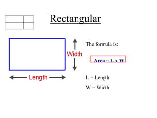 Rectangular
The formula is:
Area = L x W
L = Length
W = Width
 