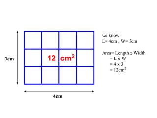 3cm
4cm
we know
L= 4cm , W= 3cm
Area= Length x Width
= L x W
= 4 x 3
= 12cm2
12 cm2
 