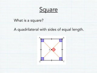 Square
What is a square?
A quadrilateral with sides of equal length.
 