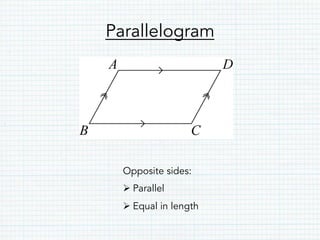 Parallelogram
Opposite sides:
Ø Parallel
Ø Equal in length
 