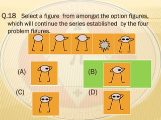Q.18 Select a figure from amongst the option figures,
which will continue the series established by the four
problem figures.
(A) (B)
(C) (D)
 