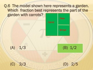 Q.6 The model shown here represents a garden.
Which fraction best represents the part of the
garden with carrots?
(A) 1/3 (B) 1/2
(C) 2/3 (D) 2/5
Carrot
Peas
Brinjal
 